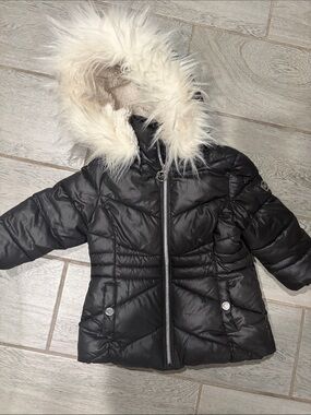 Michael Kors Toddler Black Puffer Coat with Faux Fur Hood